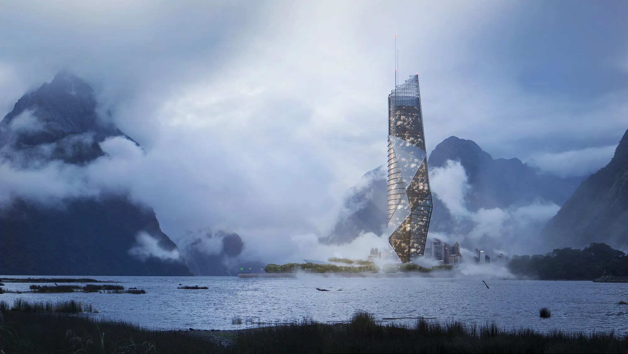 Rendering exterior high rise tower set against a dramatic mountainous landscape with mist and clouds, featuring a futuristic, spiraling glass structure illuminated with interior lights, surrounded by water and low vegetation.